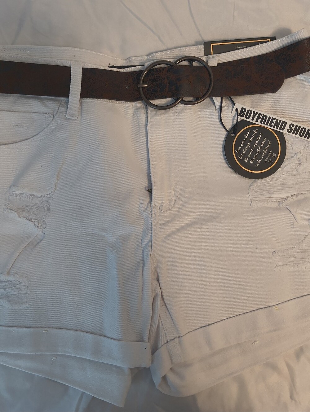 Dollhouse White Distressed Boyfriend Jean Shorts with Brown Belt